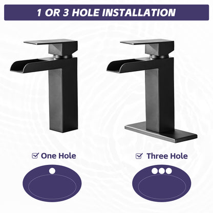 Bathroom Single Hole Three Hole Waterfall Sink Faucet Matte Black Single Handle with Deck Plate and Pop-up Drain W1224P224285