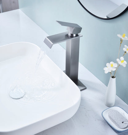 Bathroom Single Hole or Three Holes Vessel Sink Faucet Brushed Nickel Single Handle With Deck Plate and Pop-up Drain W928P225281