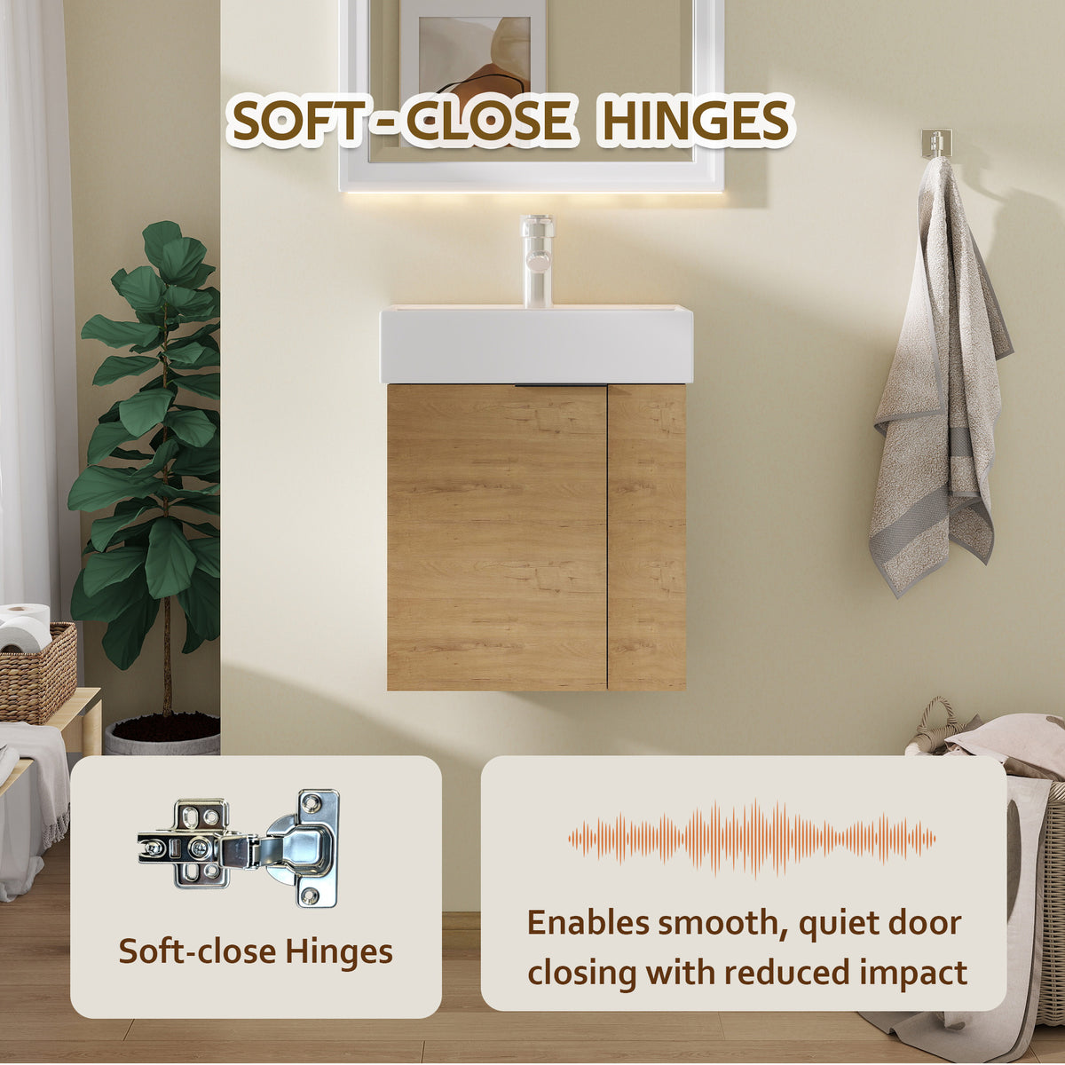 21.6" Floating Bathroom Vanity with Sink, Modern Wall Mounted Bathroom Vanity with Glossy White Ceramic Sink & Countertop, Soft Close Door, Plywood Storage Cabinet,Oak