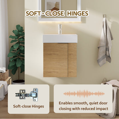 21.6" Floating Bathroom Vanity with Sink, Modern Wall Mounted Bathroom Vanity with Glossy White Ceramic Sink & Countertop, Soft Close Door, Plywood Storage Cabinet,Oak