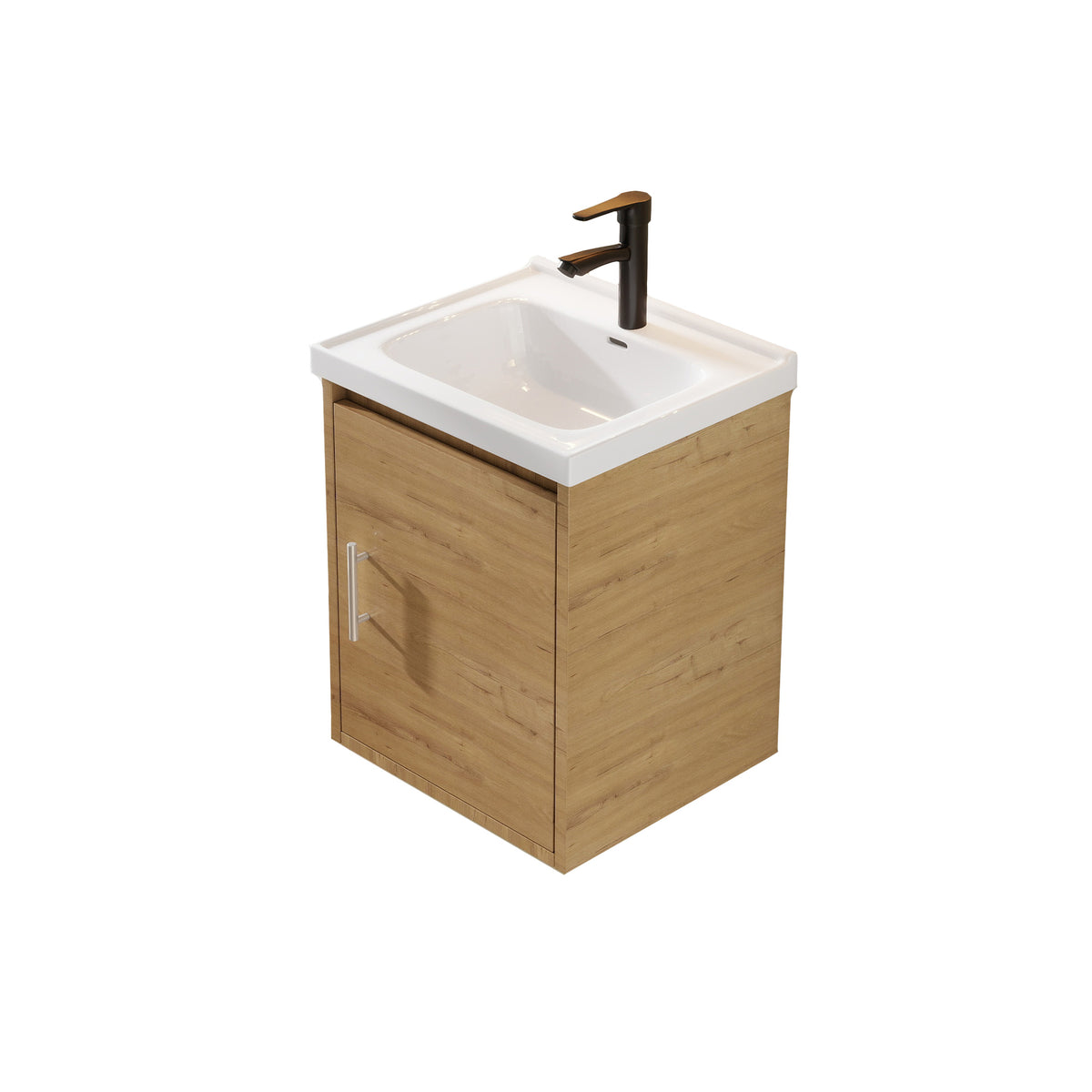 16" Floating Bathroom Vanity with Sink, Modern Wall Mounted Bathroom Vanity with Glossy White Ceramic Sink & Countertop, Soft Close Door, Plywood Storage Cabinet,Oak