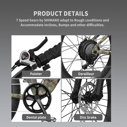 1000W 26 inch Fat Tire Electric Mountain Bike 31 mph 52V 20AH Removable Lithium Battery Ebike
