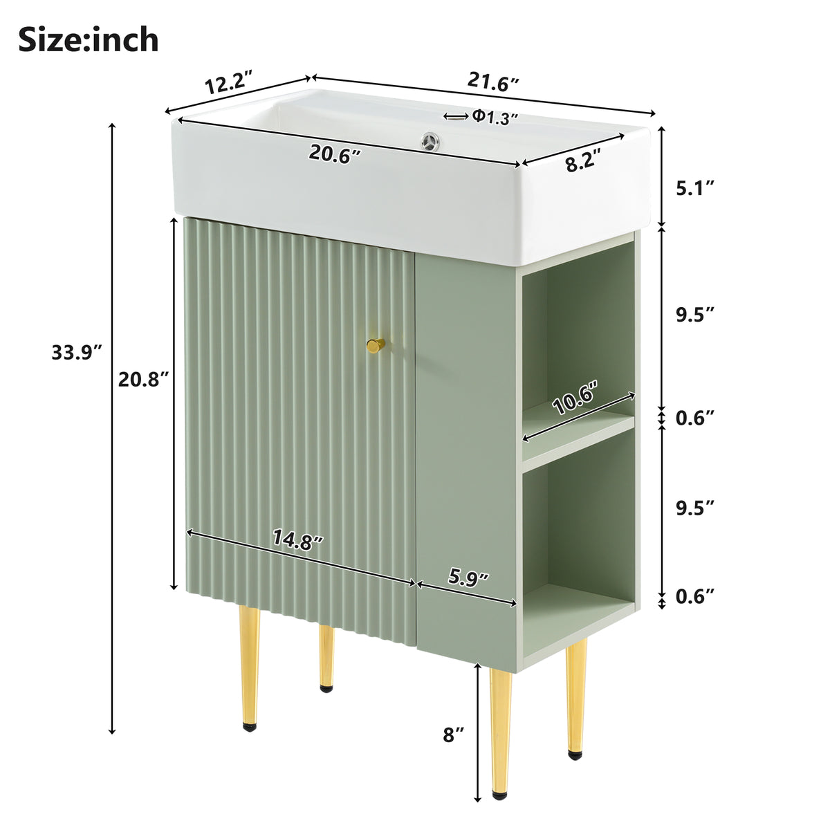 21.6" Bathroom Vanity with Sink, Slim Freestanding Bathroom Vanity Cabinet with Ceramic Sink & Overflow, Gold Metal Legs, Soft Close Door, for Small Bathroom,,Green
