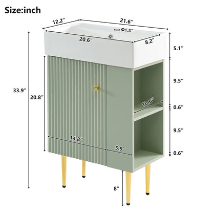 21.6" Bathroom Vanity with Sink, Slim Freestanding Bathroom Vanity Cabinet with Ceramic Sink & Overflow, Gold Metal Legs, Soft Close Door, for Small Bathroom,,Green