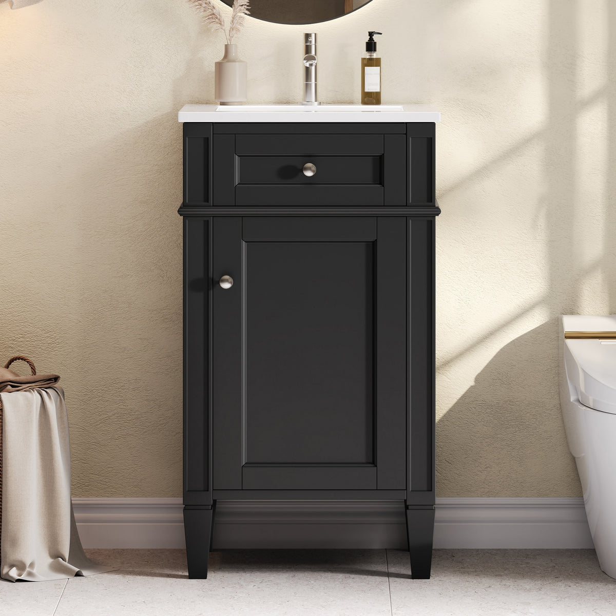 18" Bathroom Vanity with Sink, French Style Small Bathroom Vanity, Freestanding Wood Vanity Cabinet with Ceramic Sink Basin, Soft Close Door & U-Shaped Shelf,Black