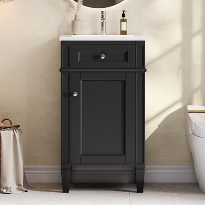 18" Bathroom Vanity with Sink, French Style Small Bathroom Vanity, Freestanding Wood Vanity Cabinet with Ceramic Sink Basin, Soft Close Door & U-Shaped Shelf,Black