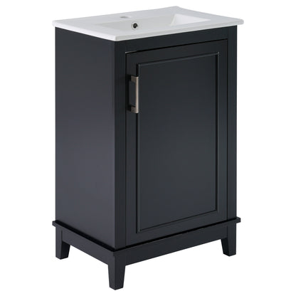 20" Bathroom Vanity with Sink, Minimalist Bathroom Vanity Cabinet with Double Door Shelves & Overflow Ceramic Sink, Soft Close Door, Solid Wood Legs,Black