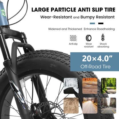 20" Fat Tire Bike for Boys & Girls, Fits Riders 48"-60" Tall, 7-Speed Mountain Bicycle with Dual Disc Brakes, Front Suspension Fork, High-Carbon Steel Frame, 20x4.0 Wide Tire