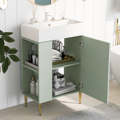 21.6" Bathroom Vanity with Sink, Slim Freestanding Bathroom Vanity Cabinet with Ceramic Sink & Overflow, Gold Metal Legs, Soft Close Door, for Small Bathroom,,Green