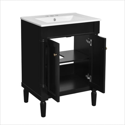 24" Bathroom Vanity with Sink, Modern Bathroom Vanity Cabinet with Enclosed Storage Door, 32mm Faucet Hole Ceramic Basin, Easy Assembly,Black