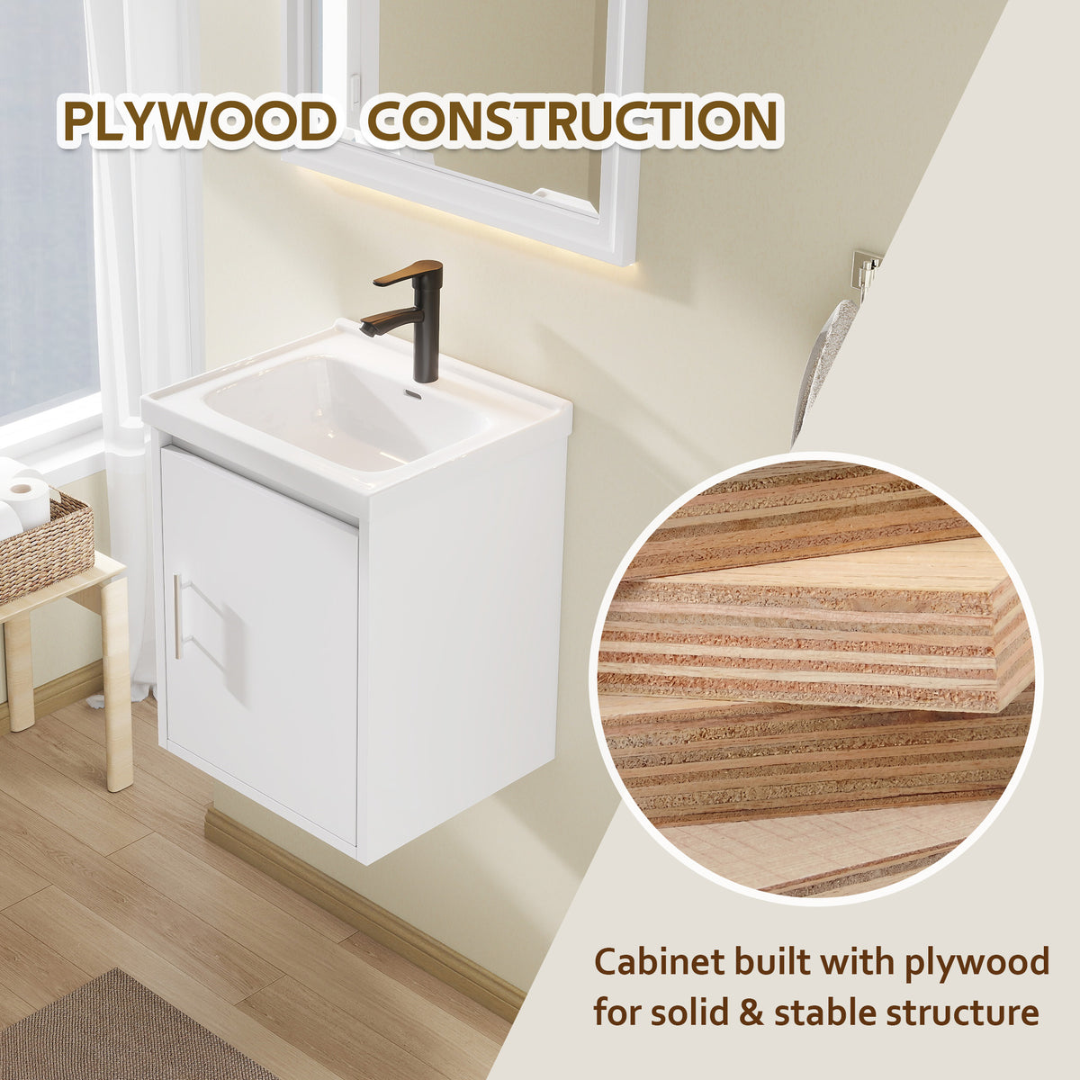 16" Floating Bathroom Vanity with Sink, Modern Wall Mounted Bathroom Vanity with Glossy White Ceramic Sink & Countertop, Soft Close Door, Plywood Storage Cabinet,White