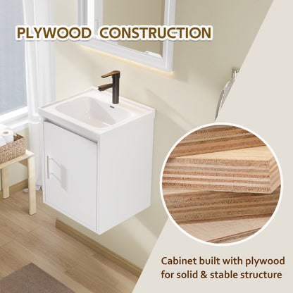 16" Floating Bathroom Vanity with Sink, Modern Wall Mounted Bathroom Vanity with Glossy White Ceramic Sink & Countertop, Soft Close Door, Plywood Storage Cabinet,White