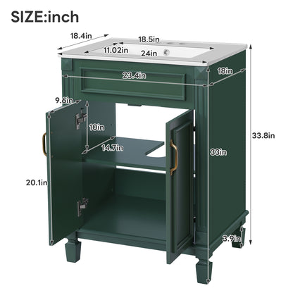 24" Bathroom Vanity with Sink, French Style Bathroom Vanity with Carved Legs & Drawer, Adjustable Shelf, Back Cutout for Plumbing, Soft Close Door,Green