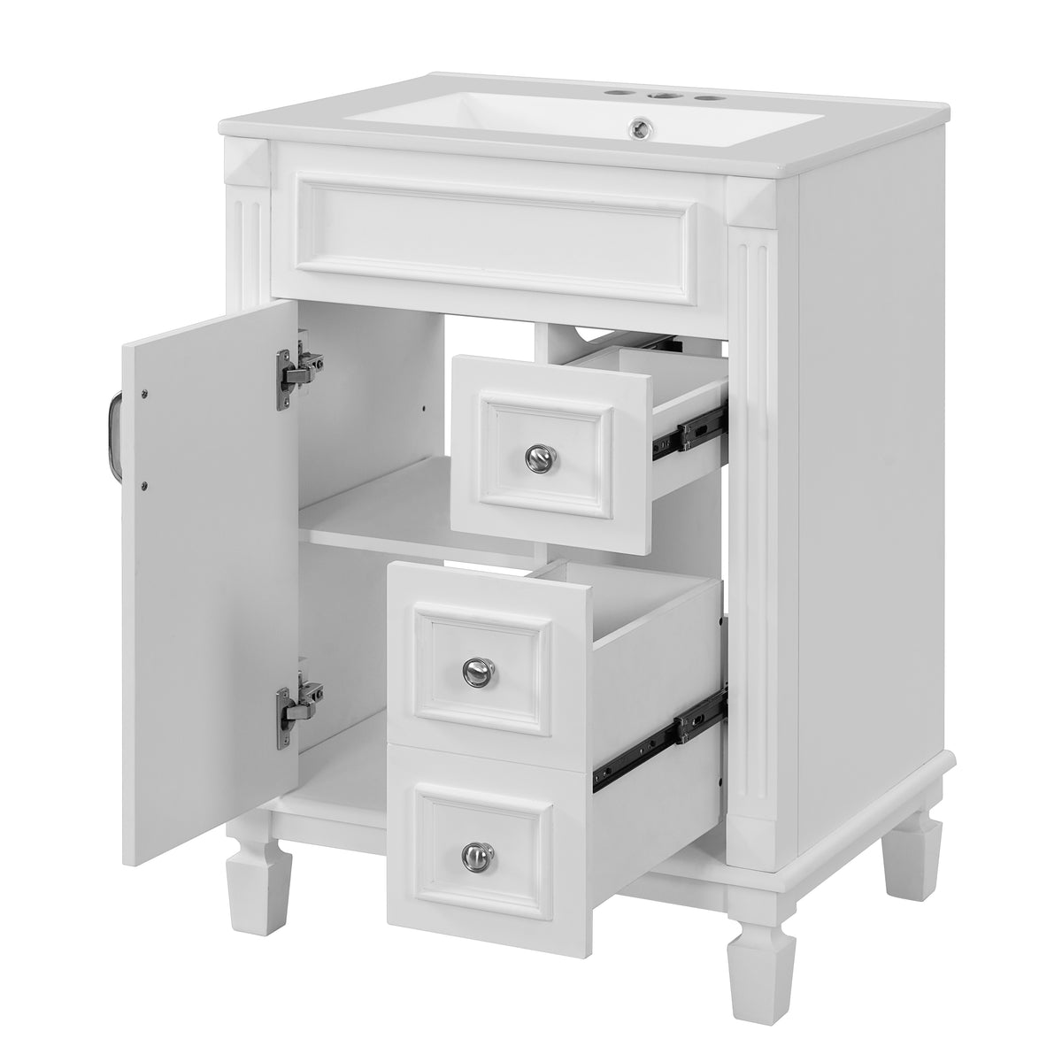 24" Bathroom Vanity with Sink, French Style Bathroom Vanity with 2 Deep Drawers & Adjustable Shelf, Ceramic Sink for 4-Inch Faucet, Soft Close Door,White