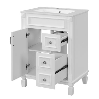 24" Bathroom Vanity with Sink, French Style Bathroom Vanity with 2 Deep Drawers & Adjustable Shelf, Ceramic Sink for 4-Inch Faucet, Soft Close Door,White