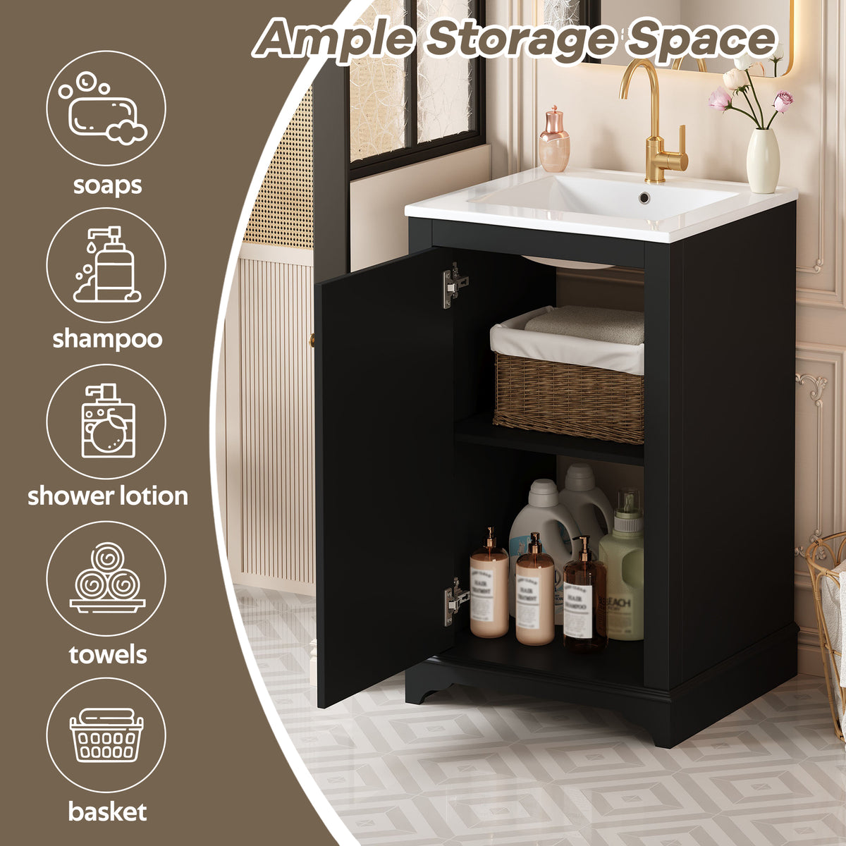 20" Shaker Style Bathroom Vanity with Sink, Small Bathroom Vanity Cabinet with Integrated Ceramic Sink, Soft Close Door, Solid Wood & MDF,Black