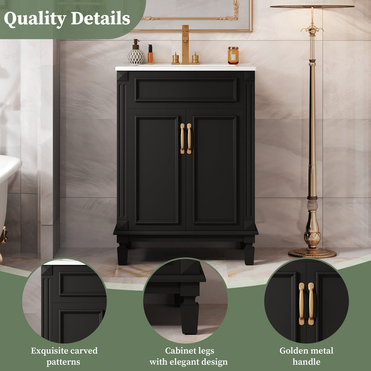 24" Bathroom Vanity with Sink, French Style Bathroom Vanity with Carved Legs & Drawer, Adjustable Shelf, Back Cutout for Plumbing, Soft Close Door,Black