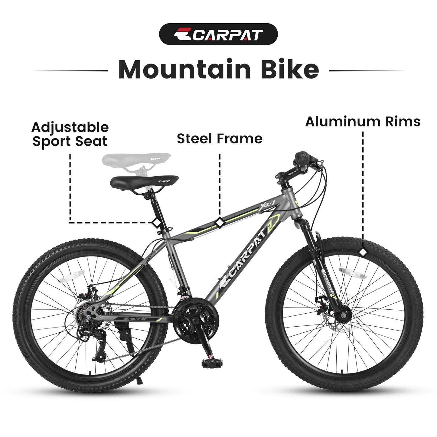 24 Inch Mountain Bike, 21 Speed, Dual Dis Brake, Front Suspension For Boy Girl,Gray S24102GRAY