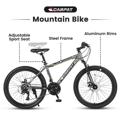 24 Inch Mountain Bike, 21 Speed, Dual Dis Brake, Front Suspension For Boy Girl,Gray S24102GRAY