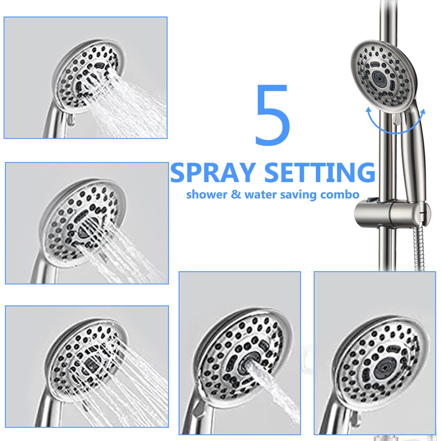 Brushed Nickel Bathroom Shower Head and Handheld Showerhead Combo Shower System with Tub Spout, 8 inch Top Shower and 5 jets handheld shower, soap dish included, Rough-in Valve Included