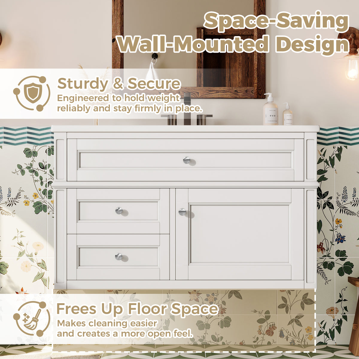 36" Floating Bathroom Vanity with Sink, Wall Mounted Bathroom Vanity with 2 Drawers & Tip-Out Tray, Etched Stripe Design, Ceramic Sink with Overflow, Adjustable Height,White