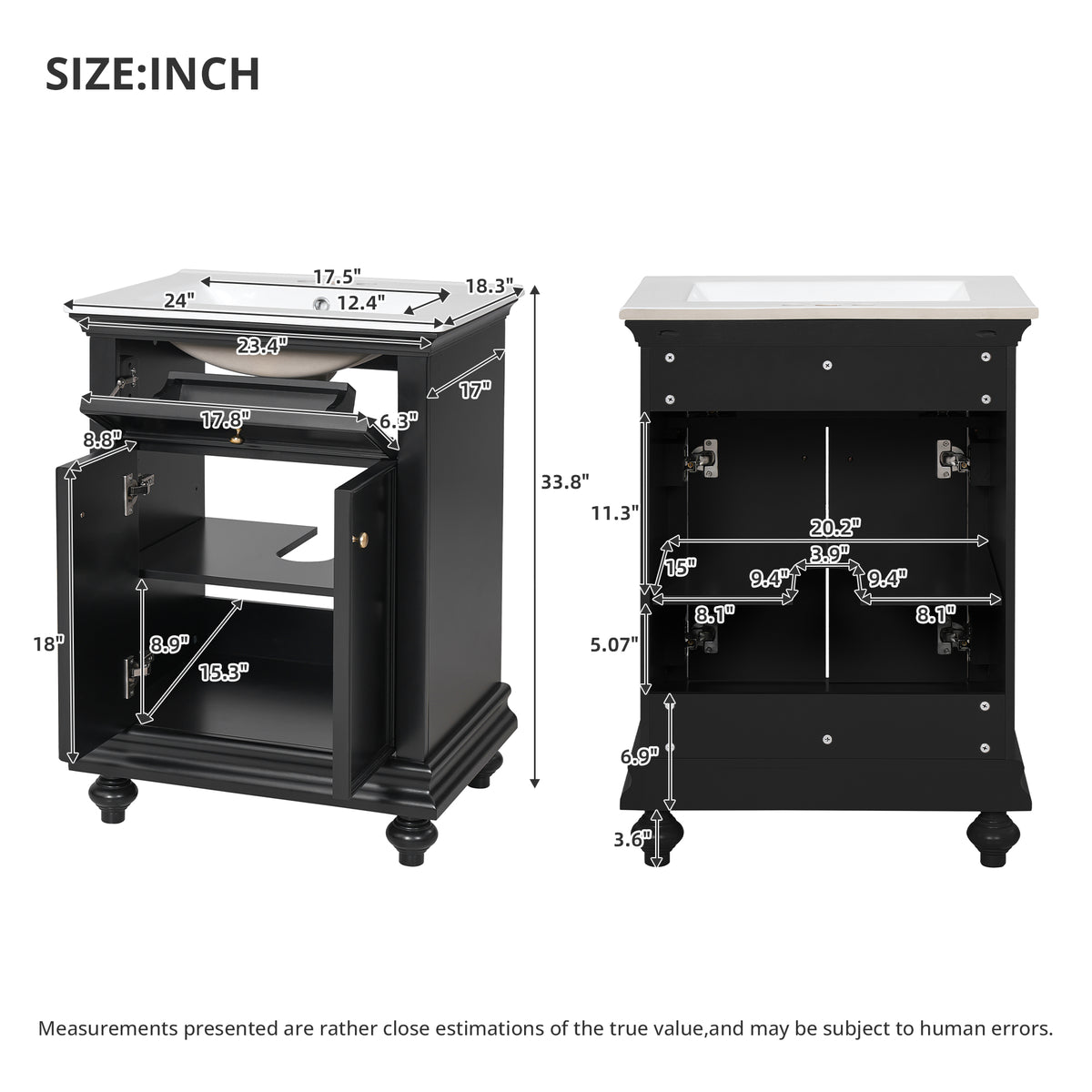 24" Bathroom Vanity with Sink, Farmhouse Bathroom Vanity with Ball-Turned Legs & Tip-Out Drawer, Adjustable Shelf, Soft Close Door, French Country Style,Black