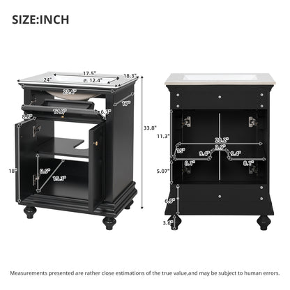 24" Bathroom Vanity with Sink, Farmhouse Bathroom Vanity with Ball-Turned Legs & Tip-Out Drawer, Adjustable Shelf, Soft Close Door, French Country Style,Black