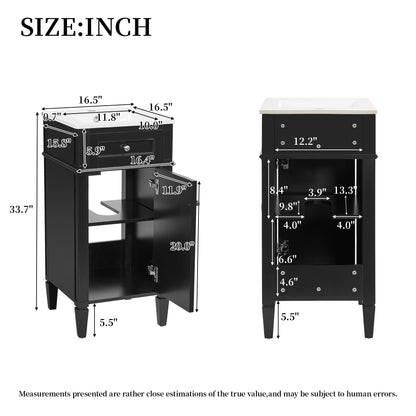 16" Bathroom Vanity with Sink, French Style Small Bathroom Vanity, Freestanding Wood Vanity Cabinet with Ceramic Sink Basin, Soft Close Door & U-Shaped Shelf,Black