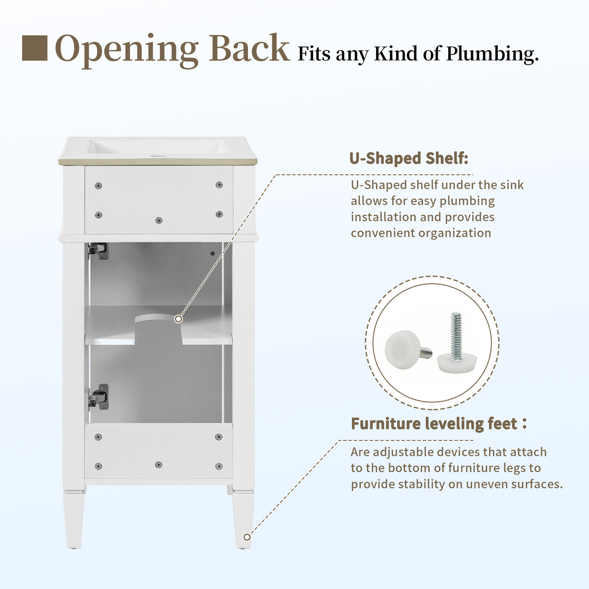 16" Bathroom Vanity with Sink, French Style Small Bathroom Vanity, Freestanding Wood Vanity Cabinet with Ceramic Sink Basin, Soft Close Door & U-Shaped Shelf,White