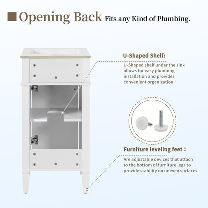 16" Bathroom Vanity with Sink, French Style Small Bathroom Vanity, Freestanding Wood Vanity Cabinet with Ceramic Sink Basin, Soft Close Door & U-Shaped Shelf,White