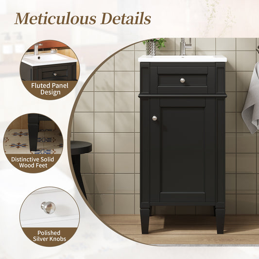 16" Bathroom Vanity with Sink, French Style Small Bathroom Vanity, Freestanding Wood Vanity Cabinet with Ceramic Sink Basin, Soft Close Door & U-Shaped Shelf,Black
