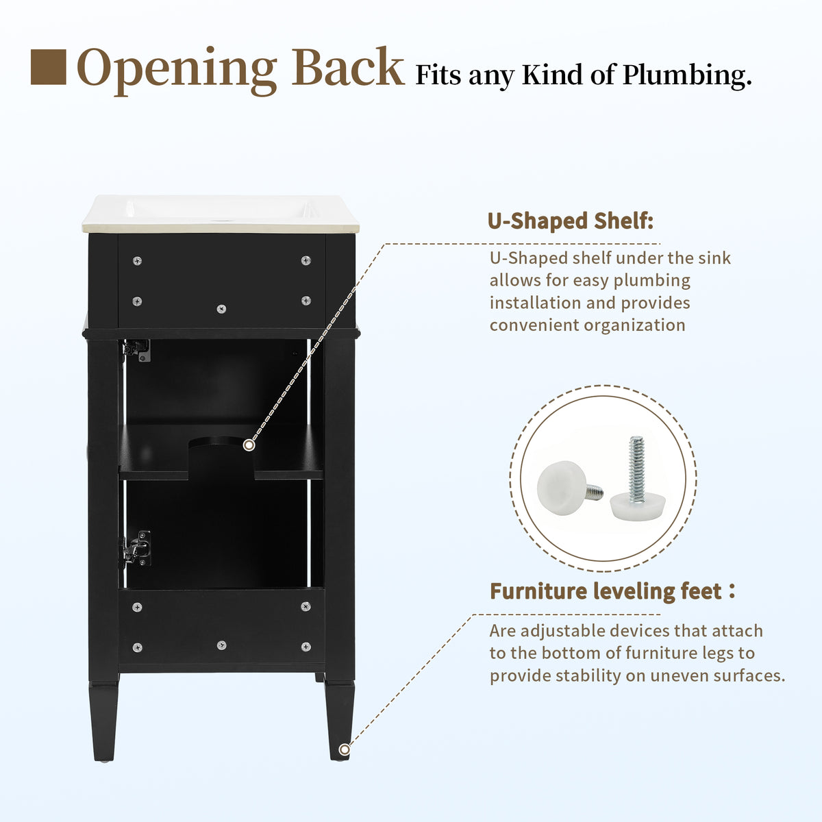 16" Bathroom Vanity with Sink, French Style Small Bathroom Vanity, Freestanding Wood Vanity Cabinet with Ceramic Sink Basin, Soft Close Door & U-Shaped Shelf,Black