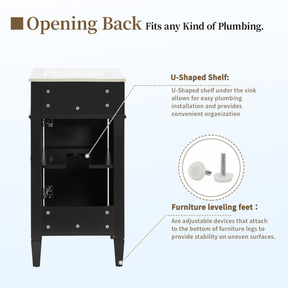 16" Bathroom Vanity with Sink, French Style Small Bathroom Vanity, Freestanding Wood Vanity Cabinet with Ceramic Sink Basin, Soft Close Door & U-Shaped Shelf,Black
