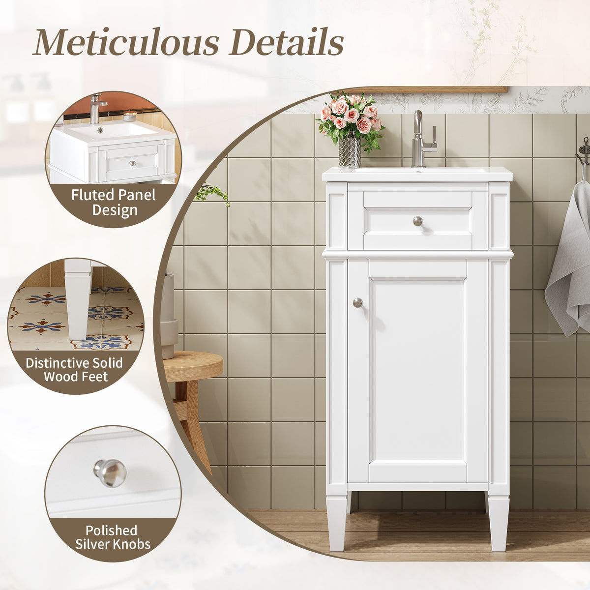 16" Bathroom Vanity with Sink, French Style Small Bathroom Vanity, Freestanding Wood Vanity Cabinet with Ceramic Sink Basin, Soft Close Door & U-Shaped Shelf,White