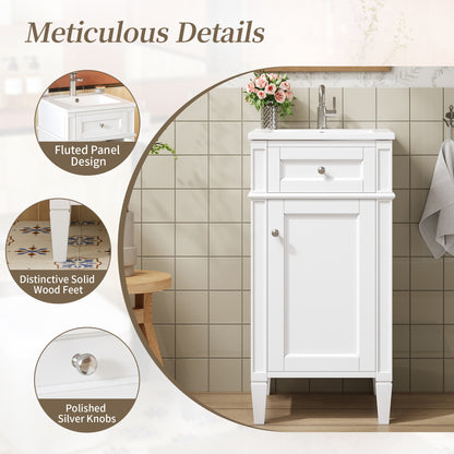 16" Bathroom Vanity with Sink, French Style Small Bathroom Vanity, Freestanding Wood Vanity Cabinet with Ceramic Sink Basin, Soft Close Door & U-Shaped Shelf,White