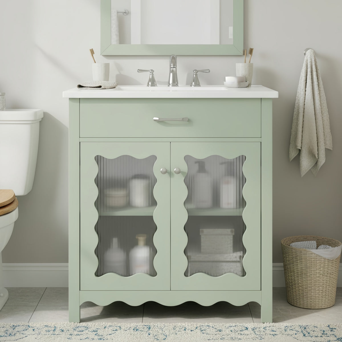 31" Bathroom Vanity with Sink, Modern Bathroom Vanity with Tempered Glass Doors & Deep Ceramic Sink, Soft Close Door, Adjustable Shelf, Curved Design,Green