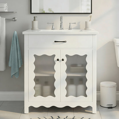 31" Bathroom Vanity with Sink, Modern Bathroom Vanity with Tempered Glass Doors & Deep Ceramic Sink, Soft Close Door, Adjustable Shelf, Curved Design,White