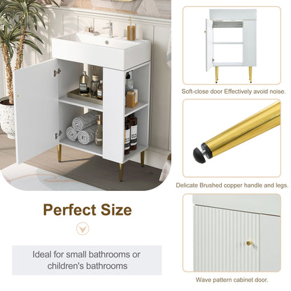 21.6" Bathroom Vanity with Sink, Slim Freestanding Bathroom Vanity Cabinet with Ceramic Sink & Overflow, Gold Metal Legs, Soft Close Door, for Small Bathroom,,White