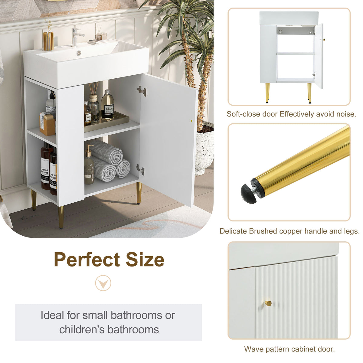 21.6" Bathroom Vanity with Sink, Slim Freestanding Bathroom Vanity Cabinet with Ceramic Sink & Overflow, Gold Metal Legs, Soft Close Door, for Small Bathroom,,White