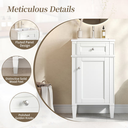 18" Bathroom Vanity with Sink, French Style Small Bathroom Vanity, Freestanding Wood Vanity Cabinet with Ceramic Sink Basin, Soft Close Door & U-Shaped Shelf,White