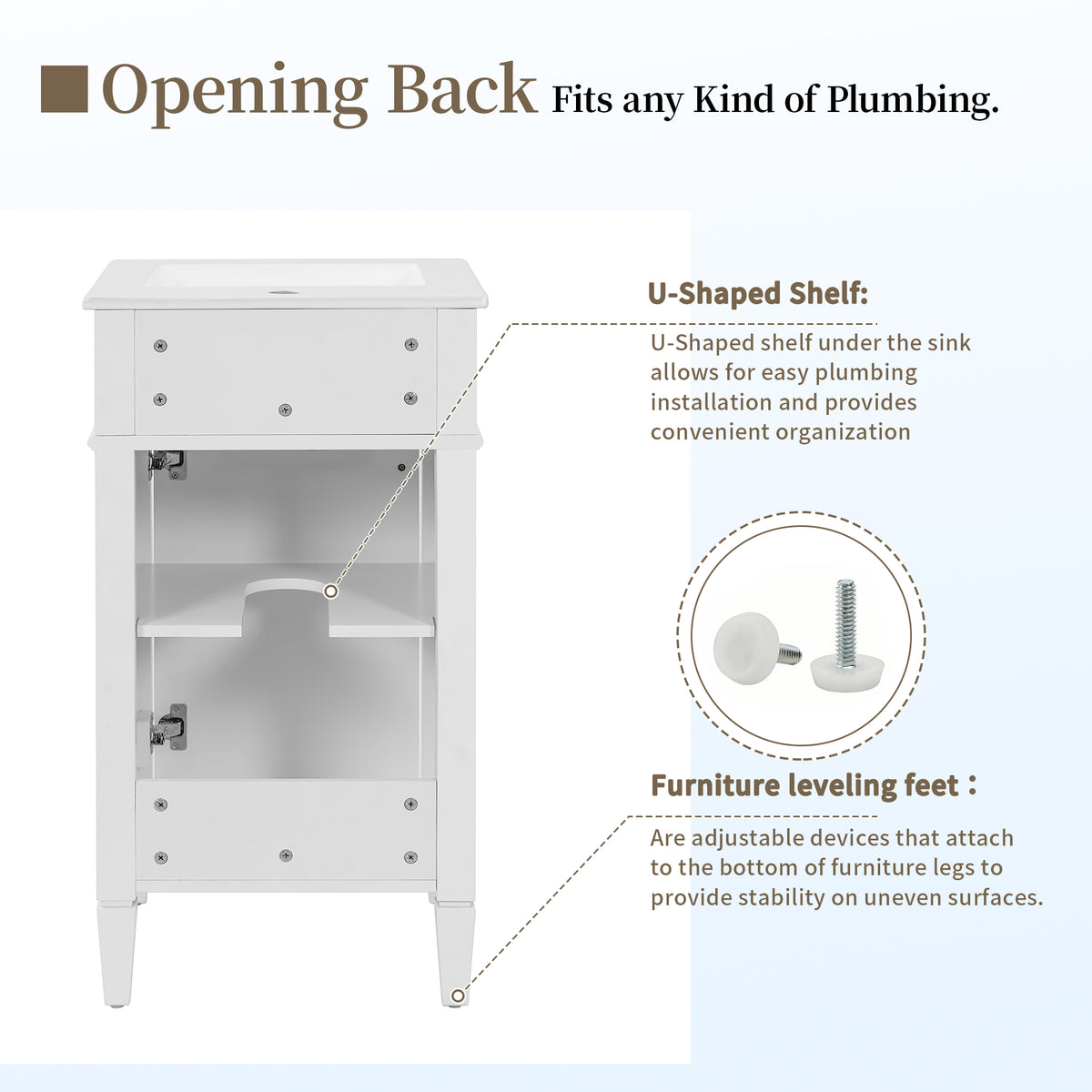 18" Bathroom Vanity with Sink, French Style Small Bathroom Vanity, Freestanding Wood Vanity Cabinet with Ceramic Sink Basin, Soft Close Door & U-Shaped Shelf,White