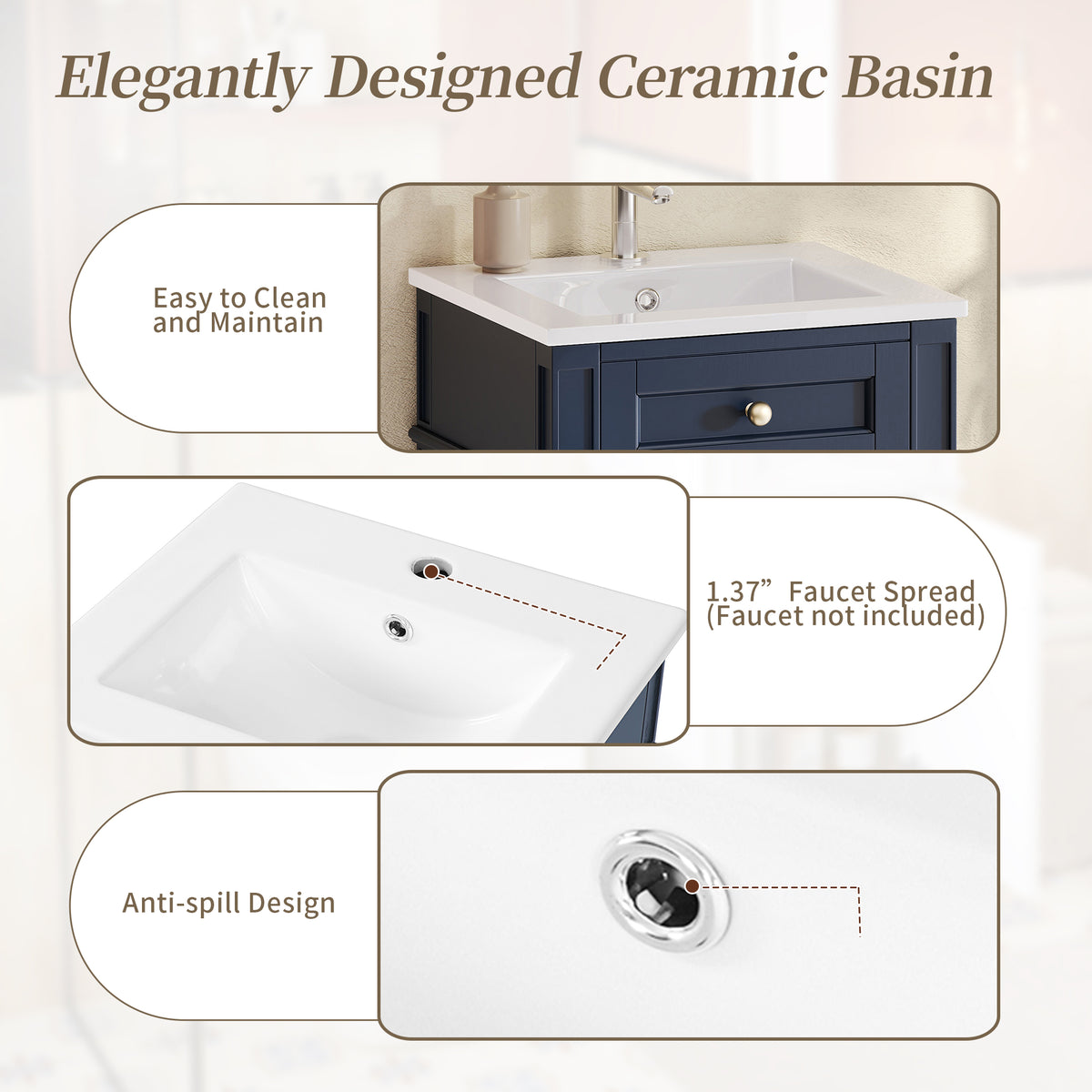 18" Bathroom Vanity with Sink, French Style Small Bathroom Vanity, Freestanding Wood Vanity Cabinet with Ceramic Sink Basin, Soft Close Door & U-Shaped Shelf,Blue