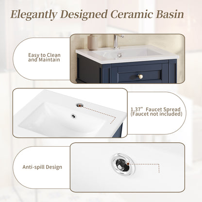 18" Bathroom Vanity with Sink, French Style Small Bathroom Vanity, Freestanding Wood Vanity Cabinet with Ceramic Sink Basin, Soft Close Door & U-Shaped Shelf,Blue