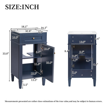 18" Bathroom Vanity with Sink, French Style Small Bathroom Vanity, Freestanding Wood Vanity Cabinet with Ceramic Sink Basin, Soft Close Door & U-Shaped Shelf,Blue