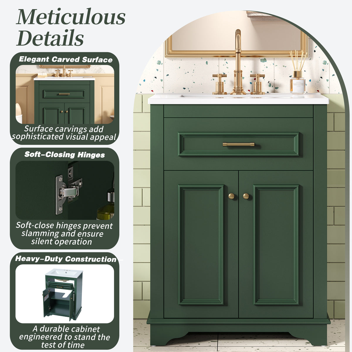 24" Bathroom Vanity with Sink, Small Bathroom Vanity with Tip-Out Drawer & Adjustable Storage, 3-Hole 4" Centerset Ceramic Sink with Overflow, Soft Close Door,Green