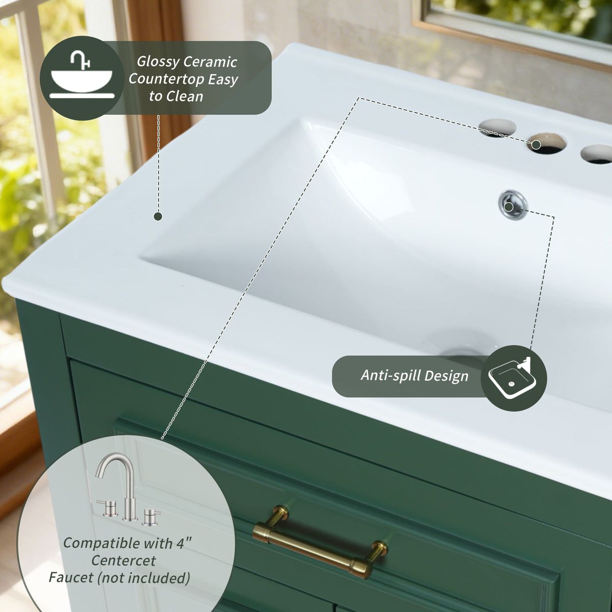 24" Bathroom Vanity with Sink, Small Bathroom Vanity with Tip-Out Drawer & Adjustable Storage, 3-Hole 4" Centerset Ceramic Sink with Overflow, Soft Close Door,Green