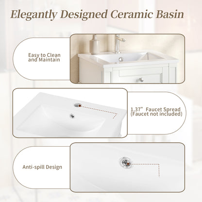 18" Bathroom Vanity with Sink, French Style Small Bathroom Vanity, Freestanding Wood Vanity Cabinet with Ceramic Sink Basin, Soft Close Door & U-Shaped Shelf,White