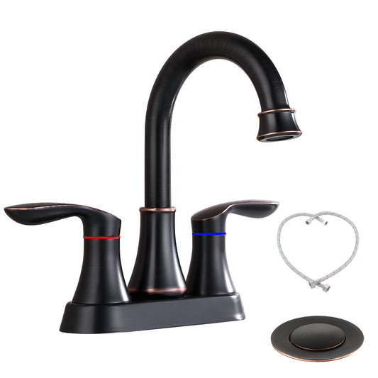 Oil-Rubbed Bronze 4-Inch Centerset Bathroom Sink Faucet, Two-Handle Vanity Faucet with Pop-Up Drain & Supply Lines