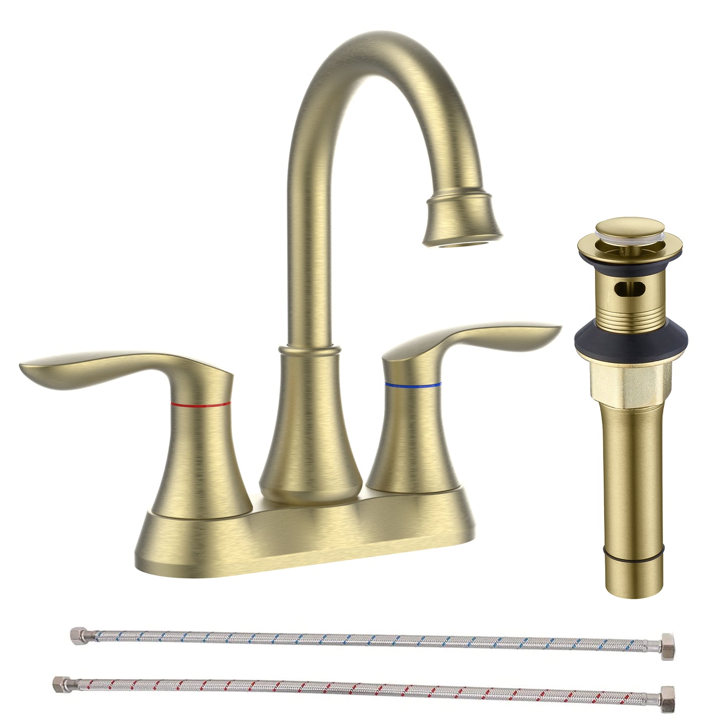 Brushed Gold 4-Inch Centerset Bathroom Sink Faucet, Two-Handle Vanity Faucet with Pop-Up Drain & Supply Lines
