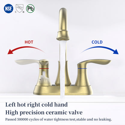 Brushed Gold 4-Inch Centerset Bathroom Sink Faucet, Two-Handle Vanity Faucet with Pop-Up Drain & Supply Lines